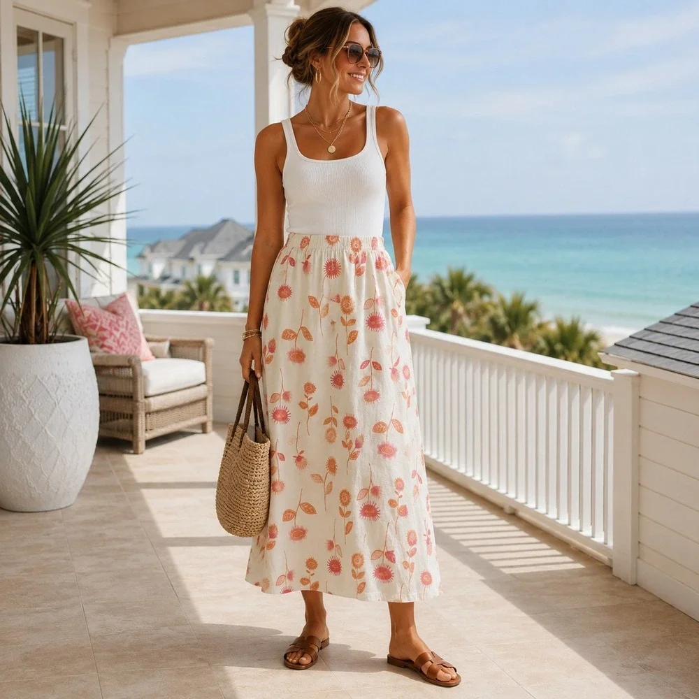 Hot Cotton Marc Ware Linen Maxi Skirt L Floral Lagenlook USA Cottagecore Y2k 90s